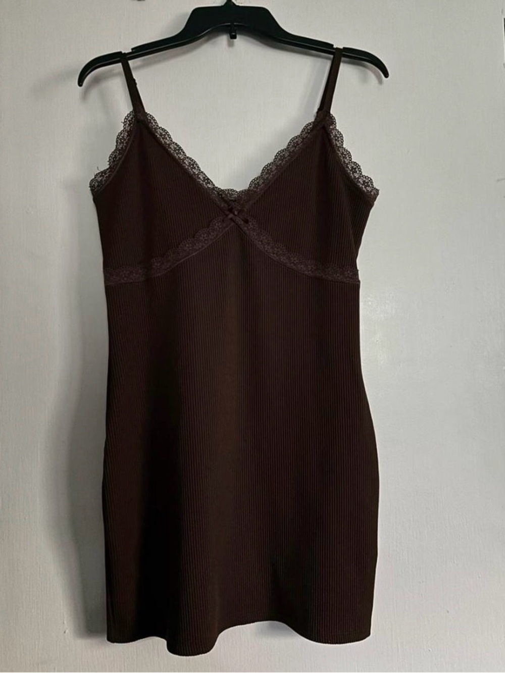 Women’s Brown Lace Trim Ribbed Slip Mini-Dress